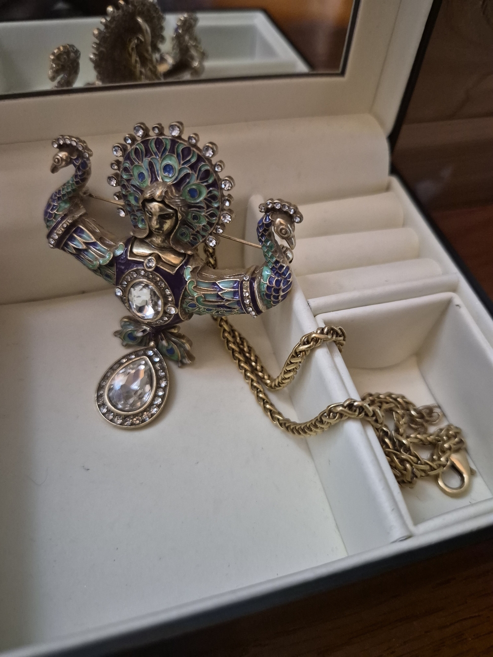 Gold Peacock Motif Pendant Necklace with Green and Purple Enamel